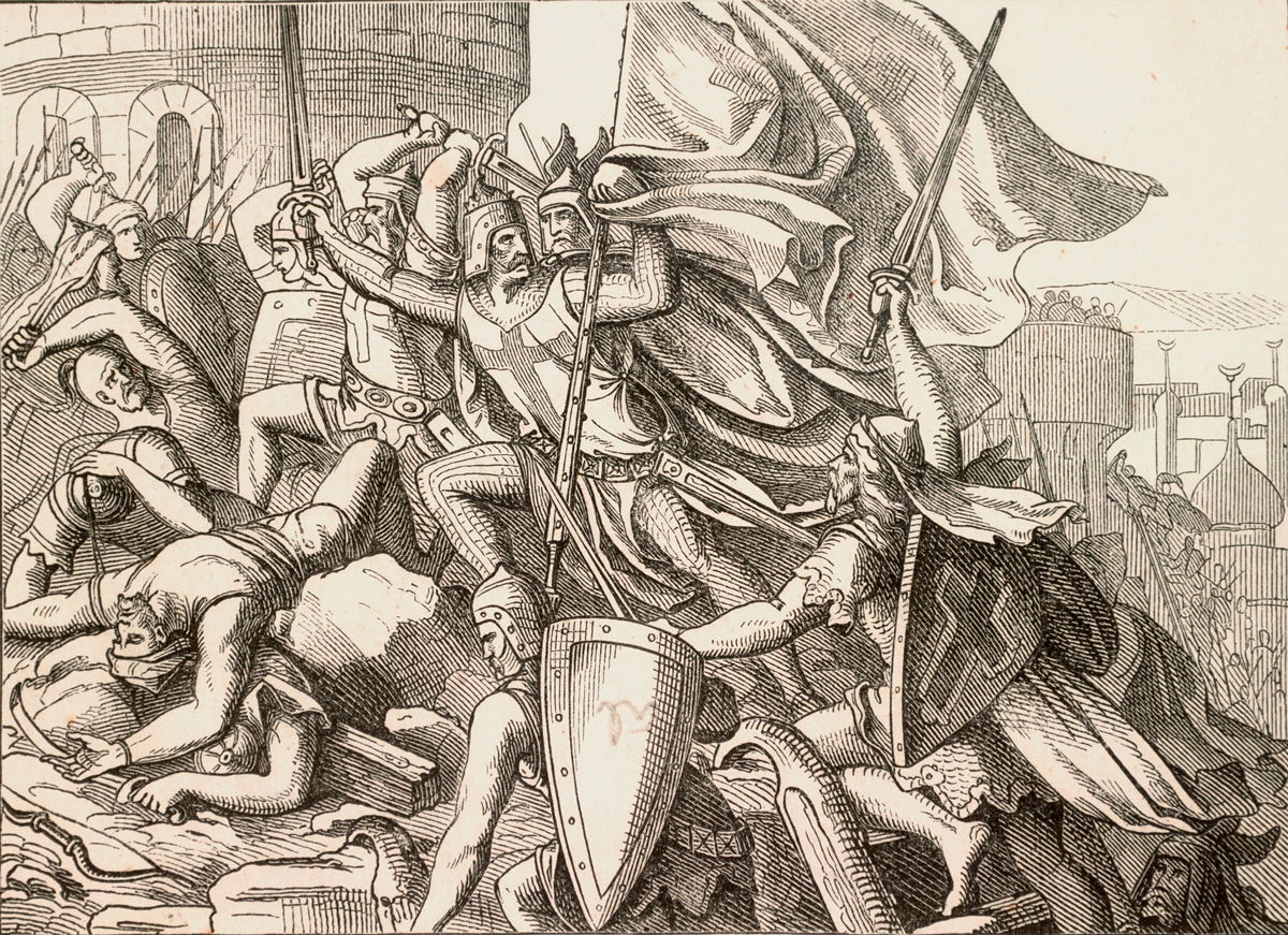 ‘Crusaders storming the city of Jerusalem, 1099 AD’. Woodcut, c.1860, after a fresco (c.1830) in the  Hofgarten, Munich.