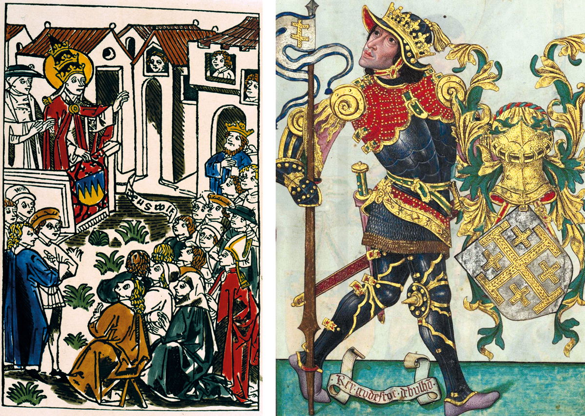 Left: Urban II declares the First Crusade at the Council of Clermont in 1095. Woodcut with later colouring, German, c.1480. akg-images. Right: Godfrey  of Bouillon, from the  Livro do Armeiro-Mor, Portuguese, c.1509. Heritage Images/Fine Art Images/akg-images.