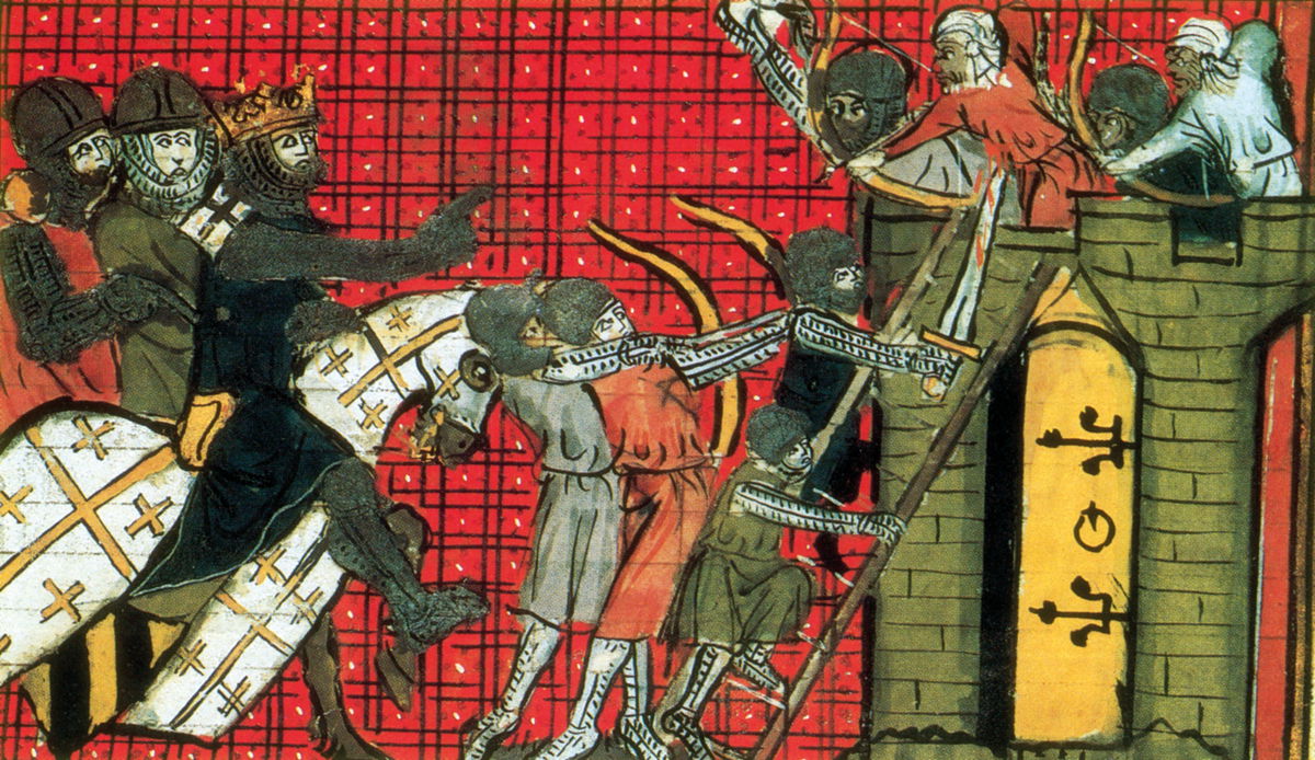Godfrey of Bouillon leads a siege on  a town, from the Roman de Godefroy de Bouillon (The Story of Godfrey de Bouillon), 14th century.